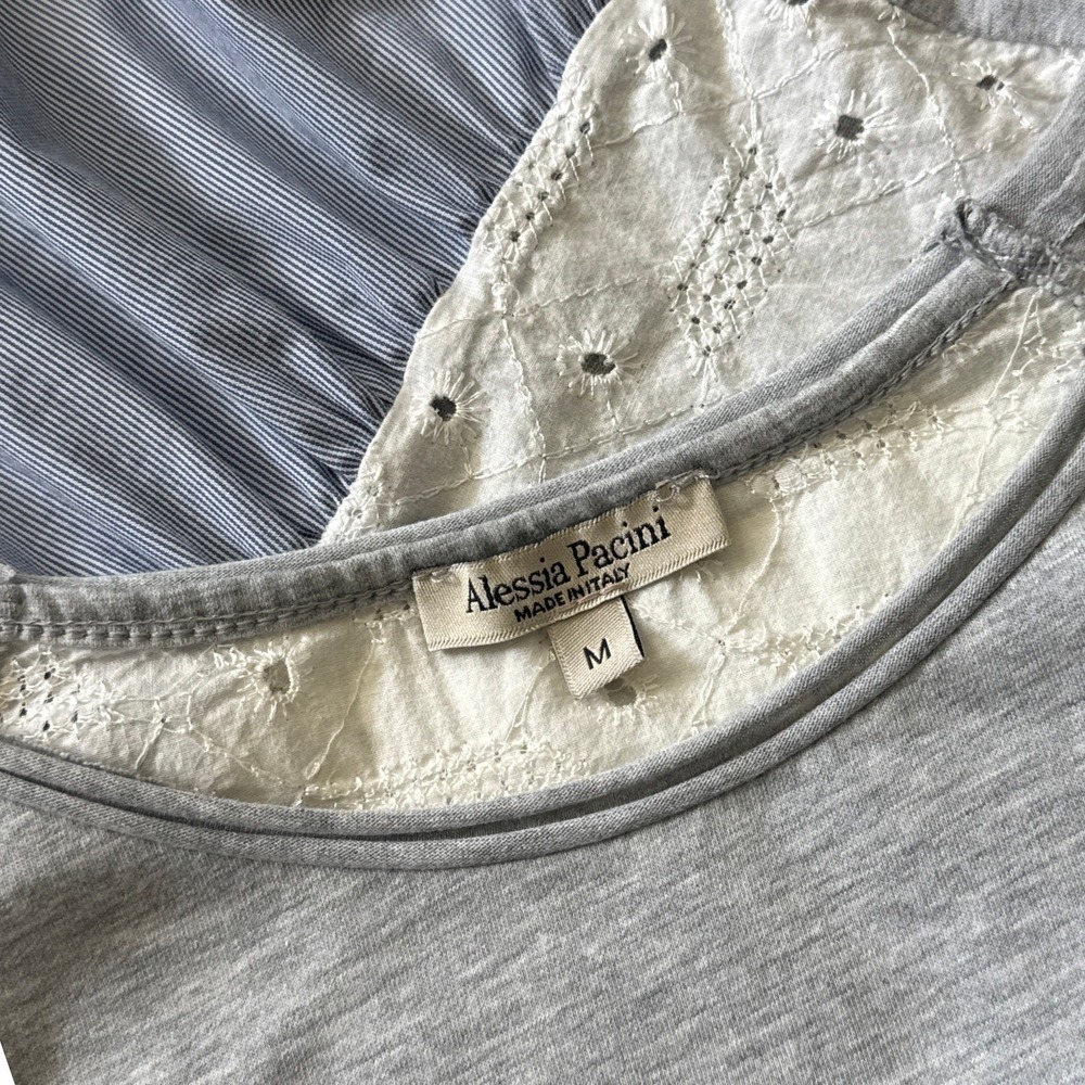 Alessia Pacini Italian Mixed Media Eyelet Back Top Gray Blue Striped Size M - Picture 8 of 10